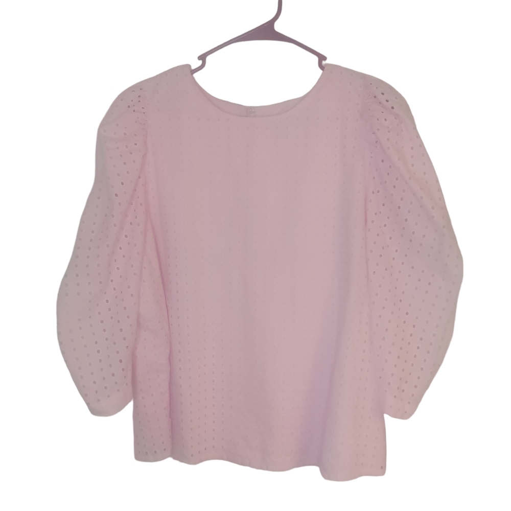 Pink Eyelet Blouse 3/4 Puffed Sleeves lined body Cotton EUC Size XXL